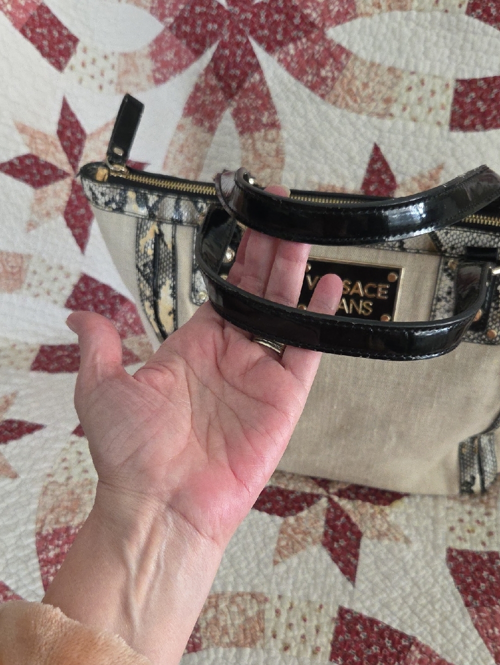 Versace Jeans Collection Beige Denim Shoulder bag with Black Snake-Trim - Picture 4 of 13
